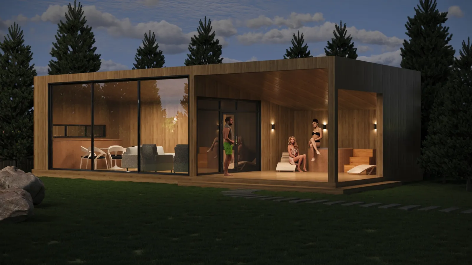 Timber sauna at night