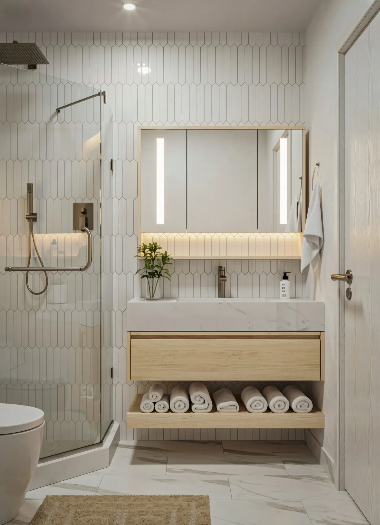 Bathroom render with white picket tile, a white oak floating vanity and a quartz top