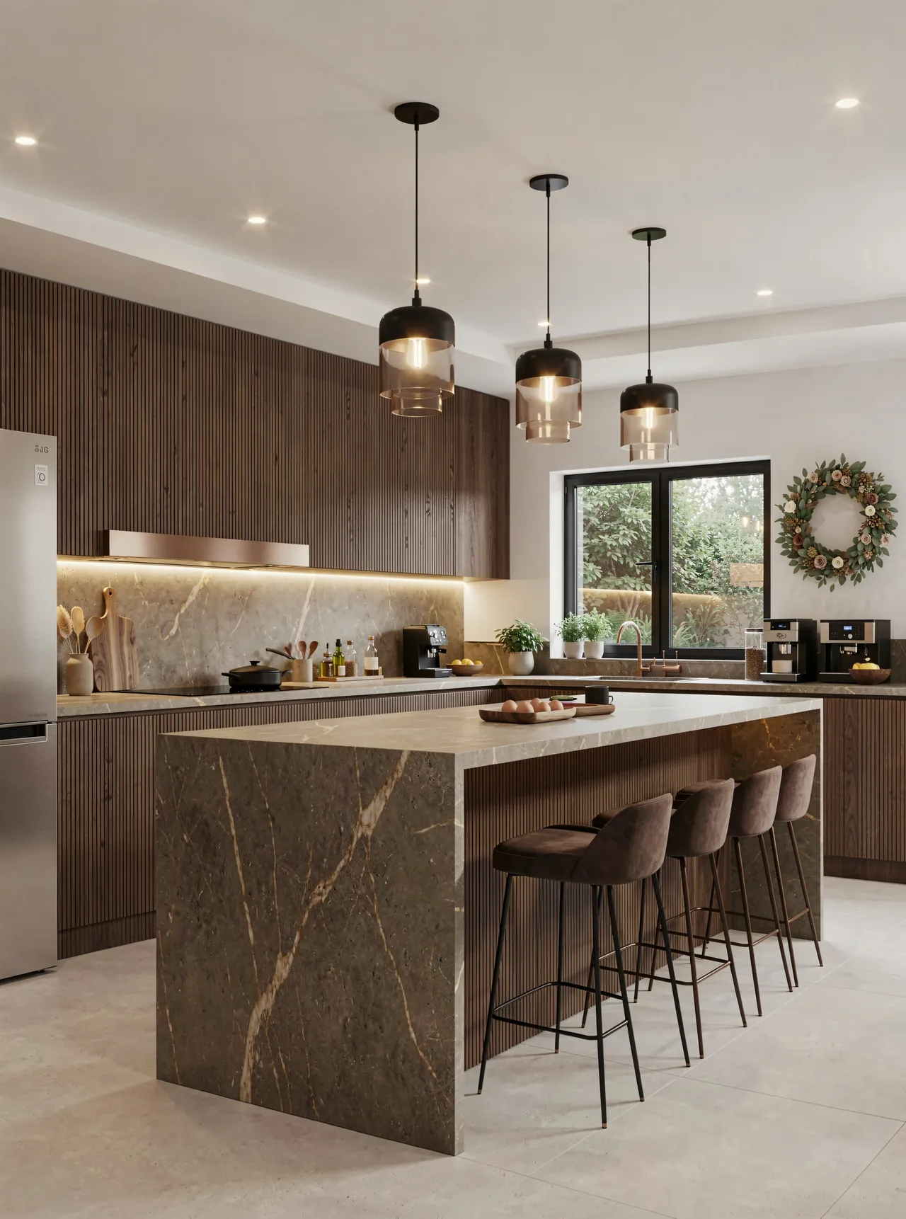 Kitchen render, Walnut finish