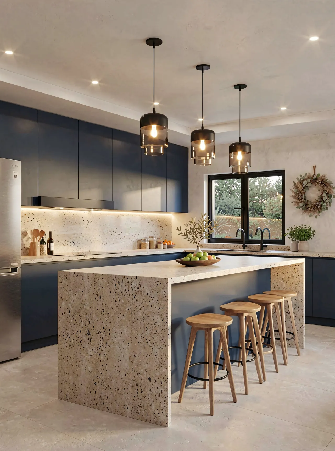 Kitchen render, Navy & Travertine finish