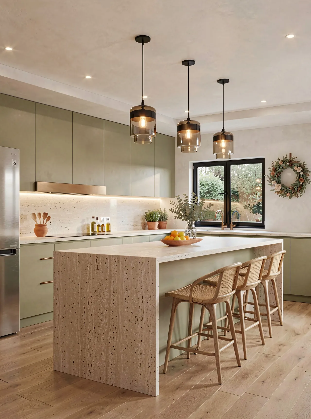 Kitchen render, Sage & Travertine finish