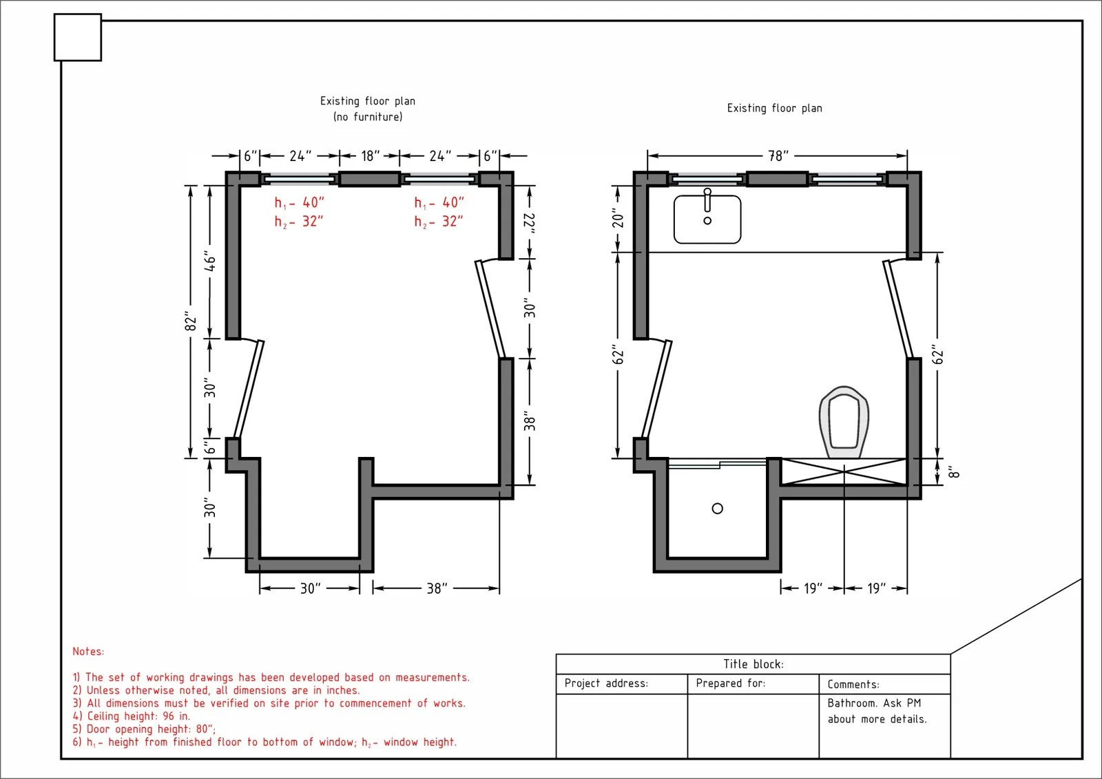 Floor plan sheet with existing and proposed layouts, dimensioned in inches